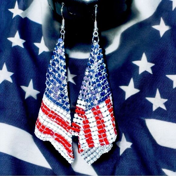 USA Flag Earrings l 4”, Hook l Soft mesh l Patriotic l 4th of July l New - Picture 1 of 7